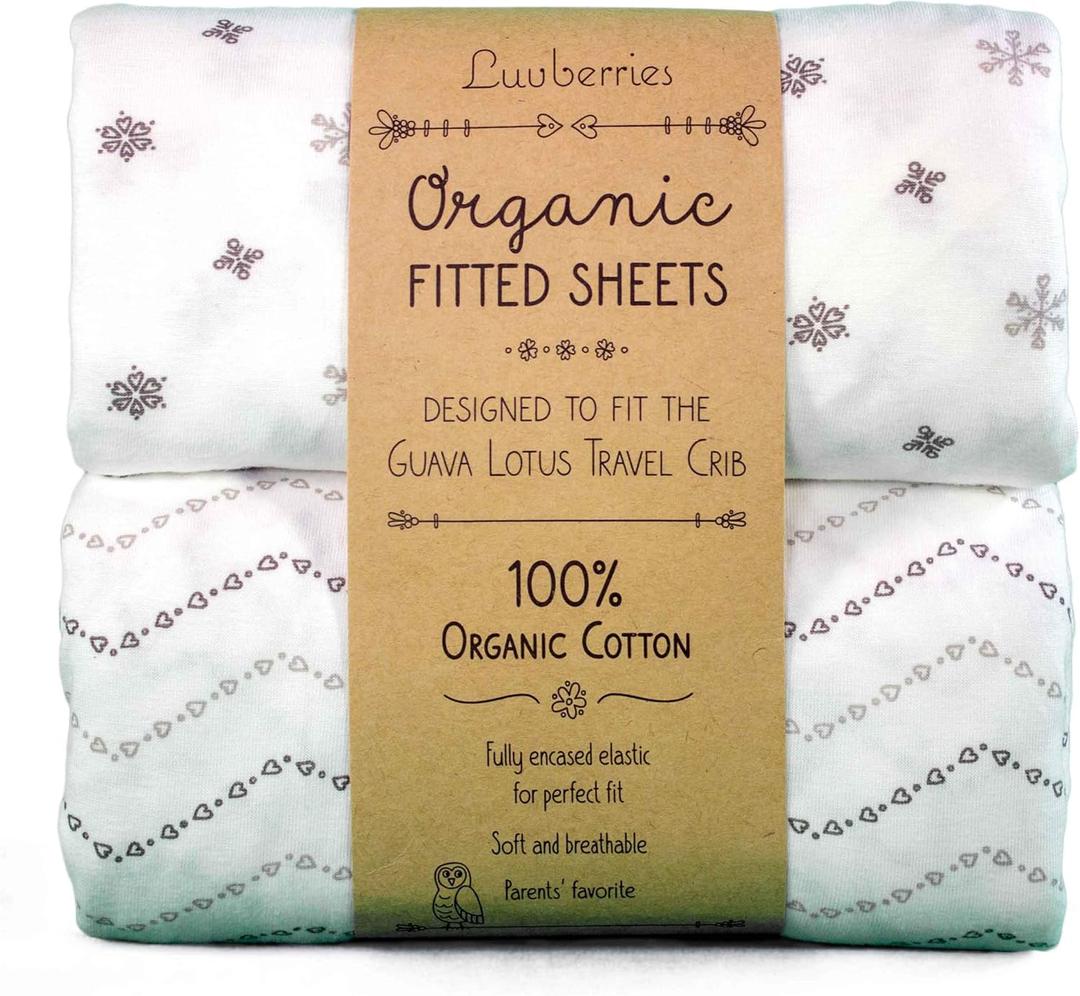 Guava Lotus Travel Crib Sheets (Set of 2)  100% Organic Cotton Fitted Sheets for Baby Play Yard & Mini Crib Mattress  Super Soft Jersey Knit  Snug Fit & Washable (Grey and White)