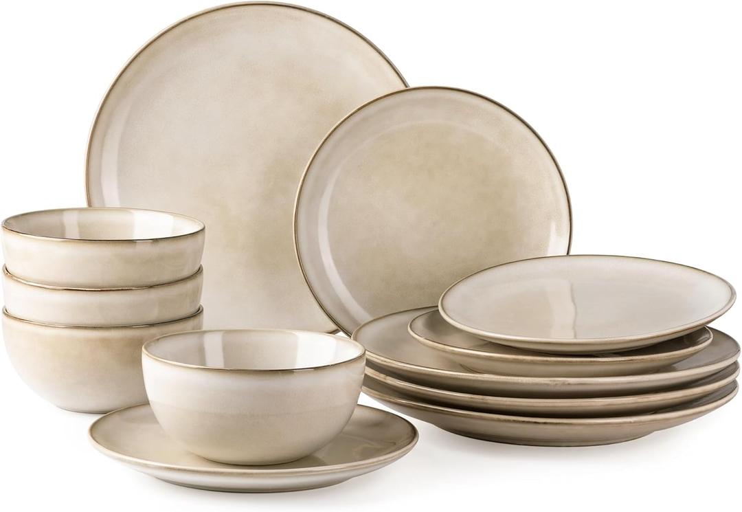 GBHOME Ceramic Dinnerware Sets for 4, 12 Pieces Stoneware Plates and Bowls Sets, Reactive Glaze Dishes -Scratch Resistant, Dishwasher Microwave Safe-Cappuccino