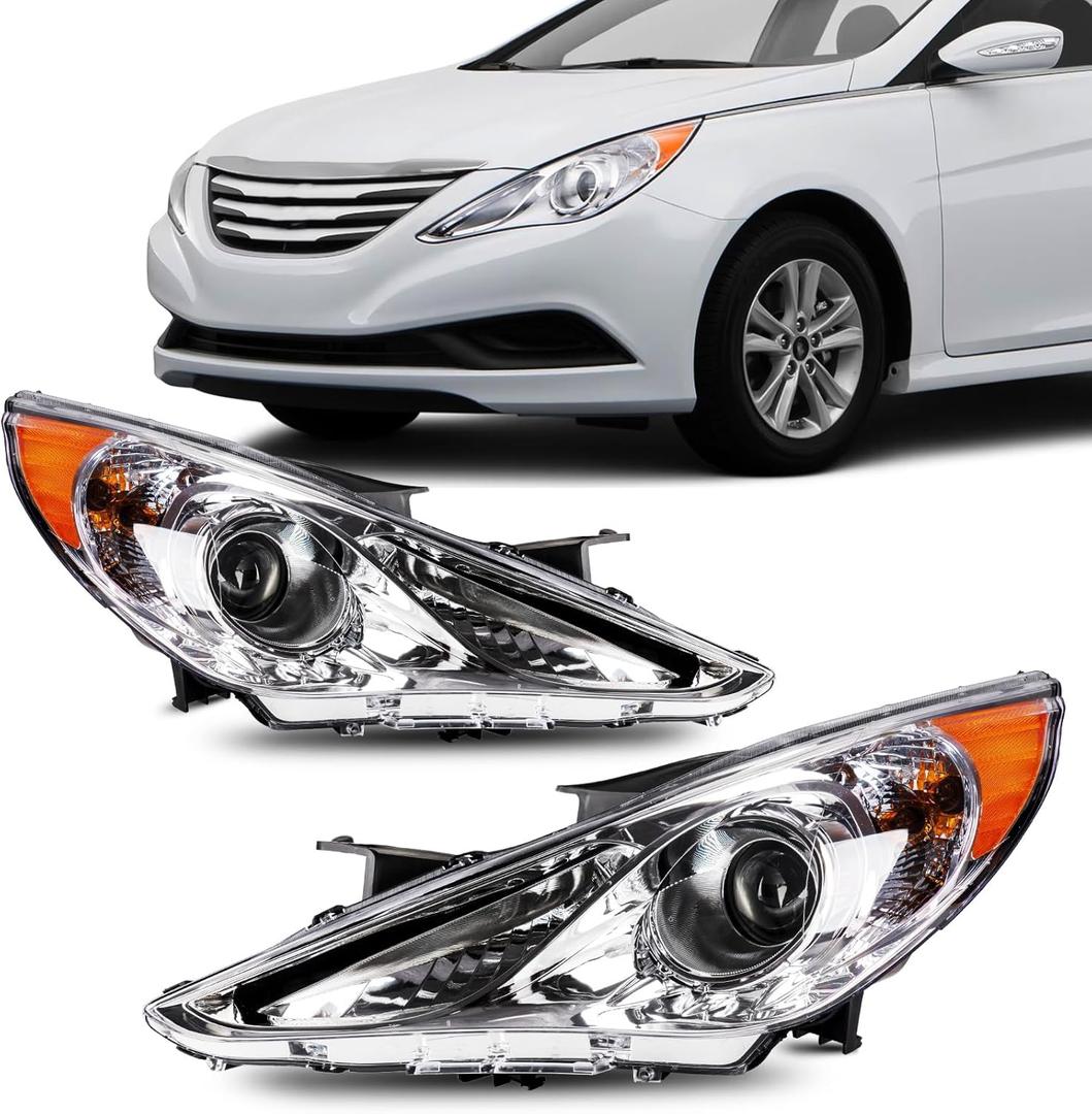 Torchbeam Headlight Assembly Replacement for 2011 2012 2013 2014 Sonata GLS/Limited/SE, Headlamp Compatible with 2011-2014 Hyundai Sonata Chrome Housing Amber Reflector (except Hybrid)