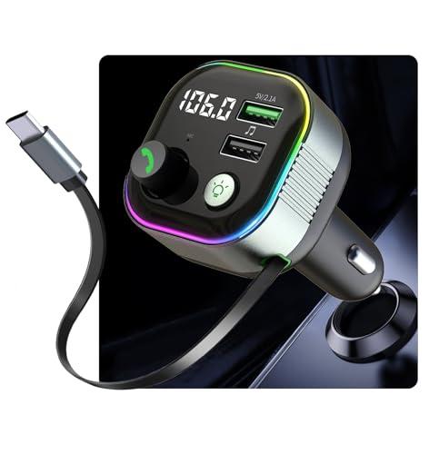 LIHAN Bluetooth 5.4 FM Transmitter for Car, 36W(12V)-65W(24V) Type C Retractable Cord Fast Charger, Wireless Audio Adapter with Hi-Fi Bass,Hands-Free Call,Music Player,Compatible with iPhone & Android