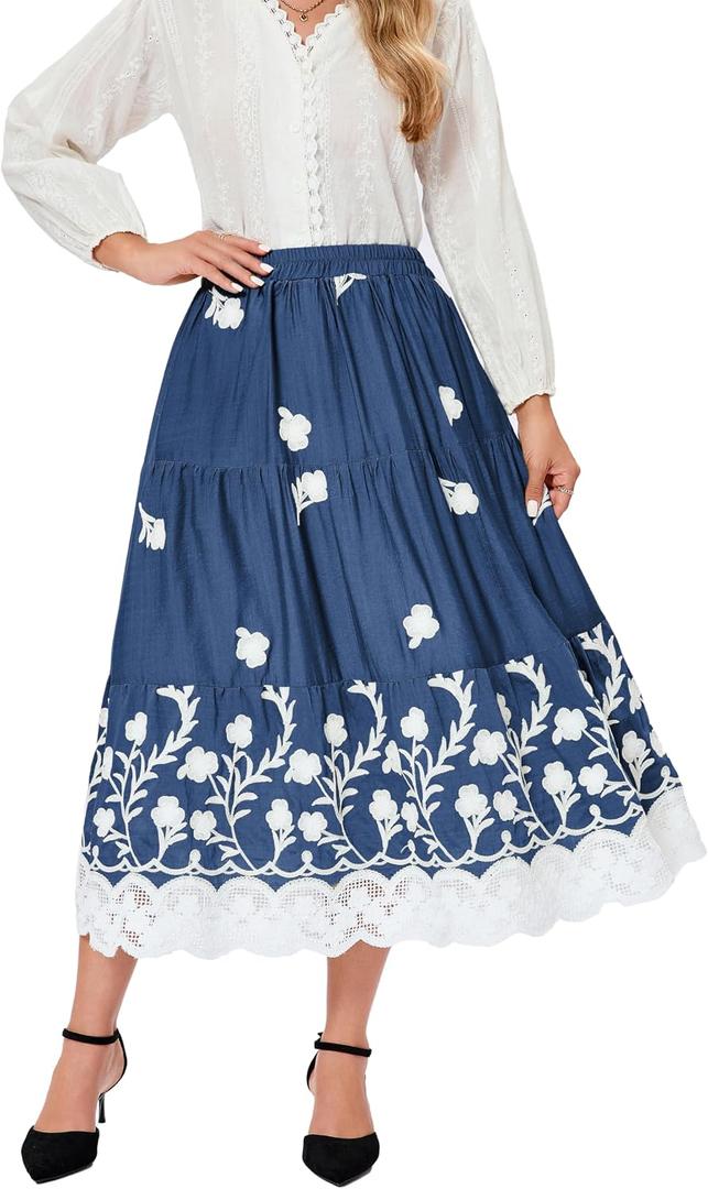 Women's Summer Elastic High Waist A-Line Vintage Embroidery Lace Tiered 2026 Casual Vacation Boho Midi Skirts (S)