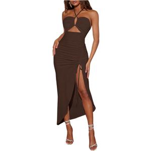 SOLY HUX Women's Cut Out Ruched Halter Dress High Split Drawstring Bodycon Maxi Vacation Dresses (Large)