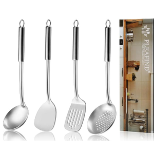 4 Pcs Cooking Utensils Set, Stainless Steel Kitchen Utensils, Heat Resistant Metal Kitchen Tools Include Solid & Slotted Turner Wok Spatula, Serving Spoon, Ergonomic Handle, Easy to Clean, Silver