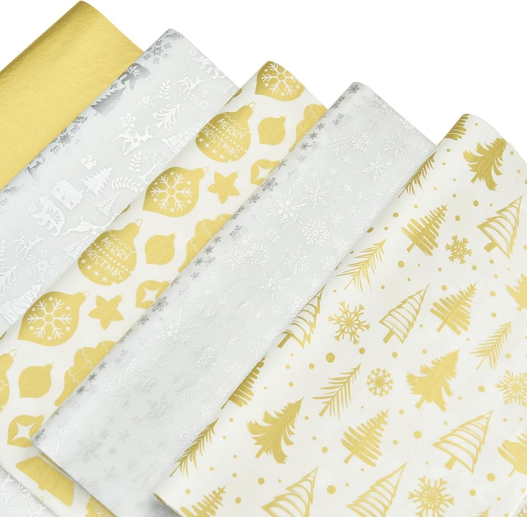 100 Sheets Christmas Metallic Gold Silver Tissue Paper Bulk, Xmas Tree, Jingle Bell, Polar Bear, Reindeer, Snowflake Gift Wrapping Paper for Gift Bag, Winter New Year Decoration Gift Packaging 20x14''