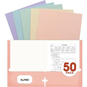 SUNEE Folders with Pockets 3 Hole Punched (50 Pack, Pastel Colors), 2 Pocket Folders Fit Letter Size Paper, Paper File Folder for School Office Home Business