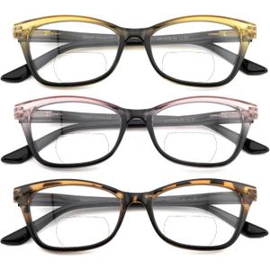 HIYANJN Bifocal Reading Glasses for Women,3 Pack Clear Top Readers with Spring Hinges, Stylish Gradient Small Cat Eye Frame 2.0x
