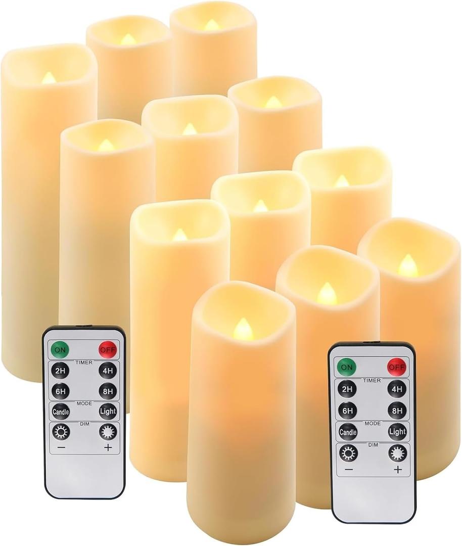 Hausware Flameless Candles 12 Pack, 4"-7" Flickering LED Pillars with Remote Timer & Waterproof, Battery Operated for Outdoor Lanterns Indoor Decor