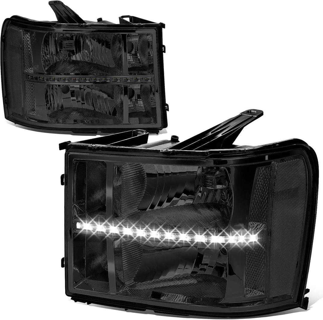 Auto Dynasty LED DRL Headlights Assembly Compatible with GMC Sierra 1500 2500 3500 2007-2014, Driver and Passenger Side, Smoked Lens Clear Corner (LED Strip, Smoked / Clear)