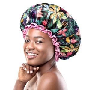 mikimini Large Shower Cap for Women Long Hair, Rainforest Bath Shower Caps with Pink Lace, Reusable Waterproof Shower Hat for Girls (X-Large (Pack of 1), Floral)