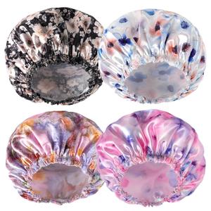 2 x Shower Caps for Women, 4 PCS Reusable Waterproof Bath Cap | Double Layer, Washable, Wide Elastic Band, Holds Long Hair, Caps for Bath Accessories, Spa, Travel Home - Flower C