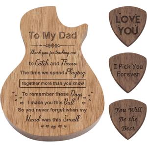 Engraved Personalized Wood Guitar Picks Box, Shaped Plectrum Container with 3 Standard Picks (To Dad)