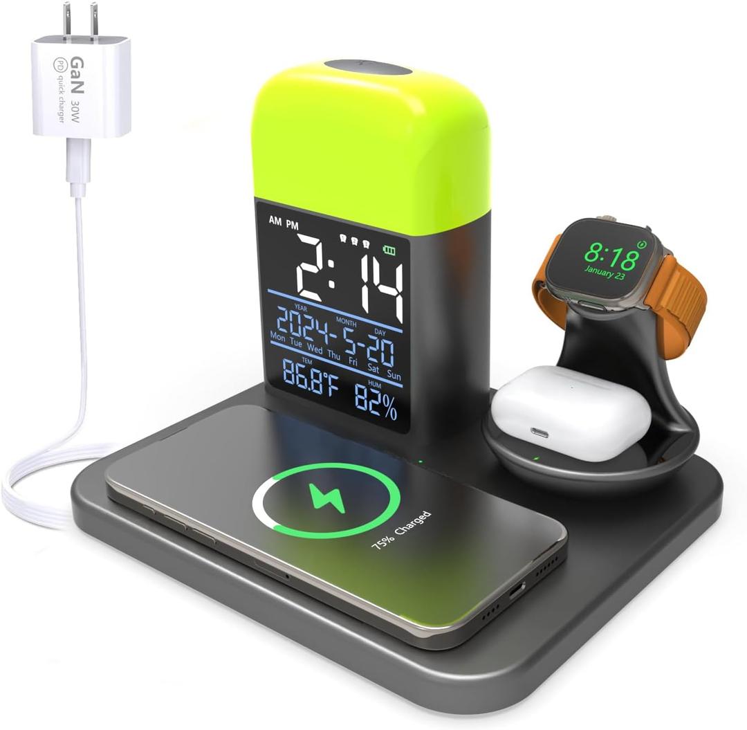 3 in 1 Wireless Charging Station,Wireless Charger Compatible with iPhone 16/15/14/13/Pro/Max/XS/Plus.for Apple Watch,Charging Dock for AirPods with Digital Alarm Clock and Night Light (Y21) (Y21)