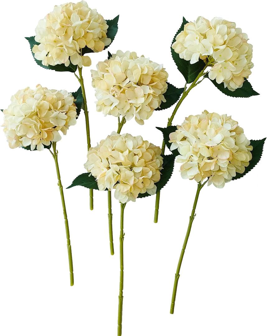 Hydrangea Artificial Flowers,6 Pcs Faux Hydrangea Flowers,Artificial Hydrangeas Flowers with Stems,Fake Hydrangeas,Silk Hydrangeas Flowers with Stems for Home Decor (6, Champagne)