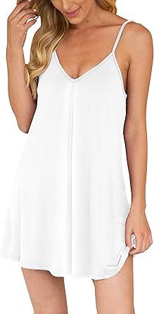 AUHEGN Nightgown for Women Loose Sleepwear V Neck Pajama Dress Soft Nightshirt Sleeveless Nightdress Chemise White X-Large