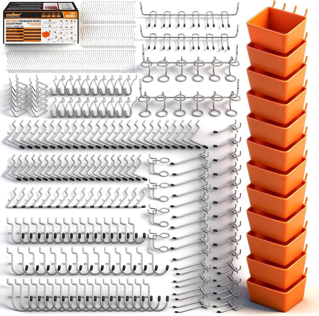 HORUSDY 309 PCS Pegboard Hooks Assortment Kit 17 Types Heavy Duty Peg Board Hooks & Organizer Accessories Fits 1/8 & 1/4 Inch Pegboard Durable Metal Wall Hooks for Garage Kitchen Workshop