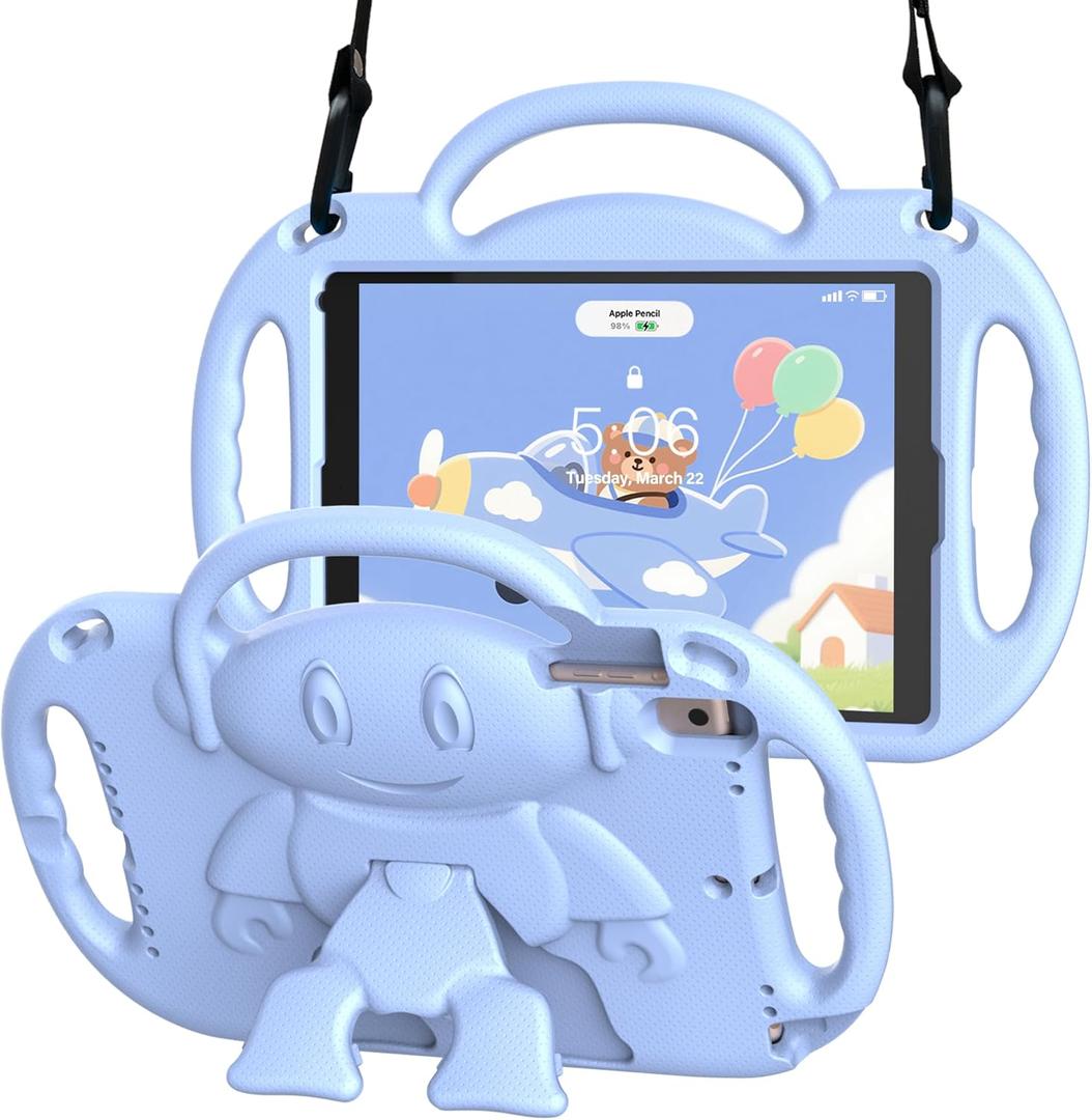 Kids Case for iPad 5th/6th Generation (9.7 inch, 2017/2018) & iPad Air 1/2 9.7" & Pro 9.7, Durable Shockproof Lightweight Kids Cover with Shoulder Strap/Handle/Kickstand, Light Blue