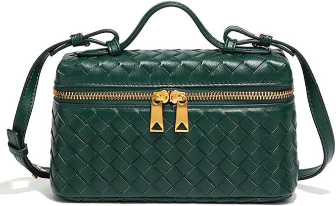 Trendy Woven Crossbody Purse Square Box Bags Women Shoulder Bag Cute Satchels Mini PU Leather Top-Handle Tote Handbag, Dark Green