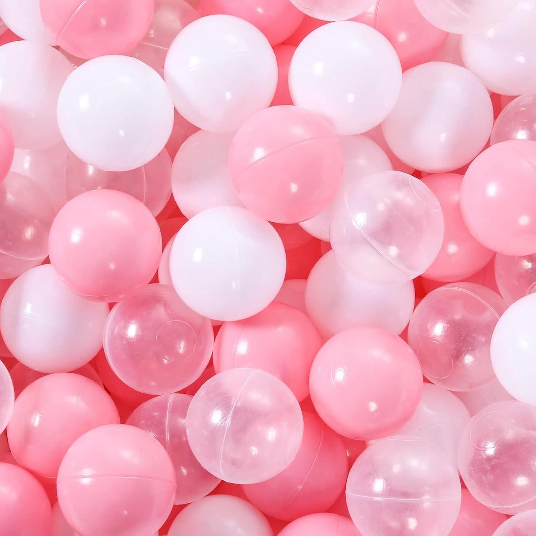 STARBOLO Ball Pit Balls Pack of 100 200 500 - BPA&Phthalate Free Non-Toxic Crush Proof Play Pit Soft Plastic Ball for 1 2 3 4 5 Years Old Toddlers Baby Kids Birthday Pool Tent Party (Pink & White & Transparent)