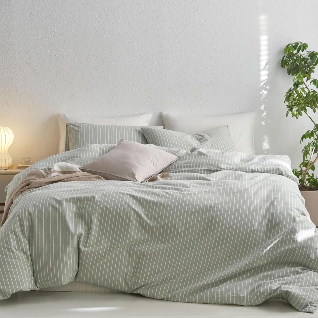 MooMee Striped Duvet Cover Set 100% Washed Cotton Linen Like Textured Breathable Durable Soft Comfy (Sage Green White Wide Stripes, King 104"x90")