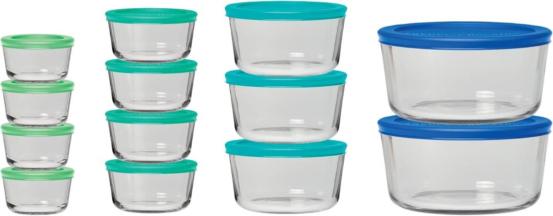 Anchor Hocking 26 Piece Glass Storage Containers with Lids (13 Glass Food Storage Containers & 13 Mixed Blue SnugFit Lids) (Mixed Blue)