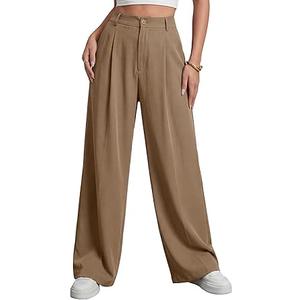Rooscier Women's Work Dress Pants Wide Leg High Elastic Waisted Formal Business Trousers Long Straight Suit Pants Brown Small