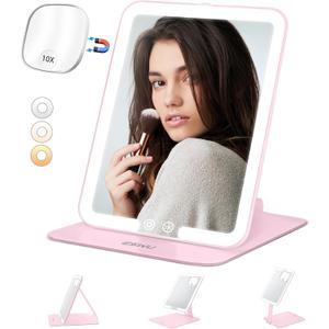 ESWU Travel Makeup Mirror with Light, Portable Folding Make Up Tabletop Mirrors with 10X Magnifying Mirror Rechargable 3 Colors Light Compact Vanity Mirror with Adjustable Stand (Pink)