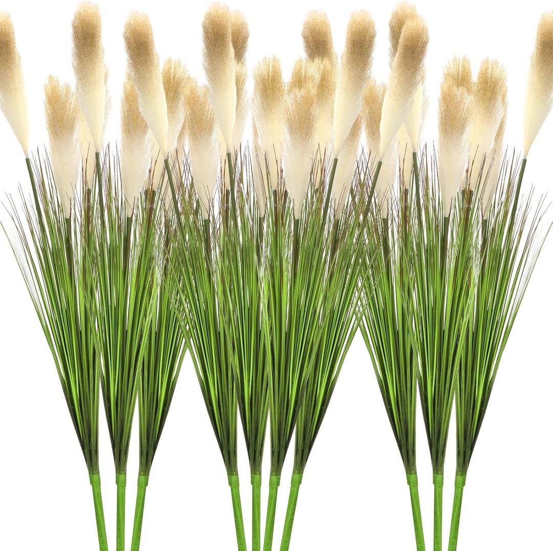 Geosar 10 Pack Artificial Plants Outdoor 33 Inch Artificial Grass Fake Grass Tall Onion Grassing Greenery Faux Greenery Stem Green Shrub Plastic Small Bushes for Room Gardening Indoor(Off-White)