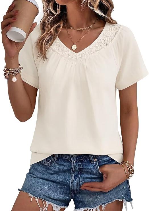 Falechay Women's Blouses Summer Short Sleeve Boho Tops V Neck Pleated Casual Flowy Loose Fit Cute Basic Tunic, Size 2XL