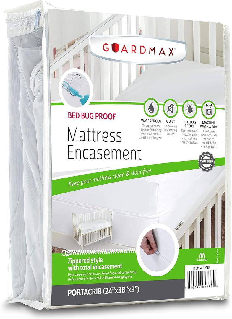 Guardmax Jersey Knitted Mini Crib Size Zippered Mattress Encasement - Waterproof & Bed Bug Proof Mattress Protector - Comfortable, Soft, and Noiseless Zippered Bedding - Dust Mite Proof (24 x 38 x 3) (White)