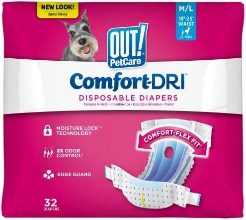 OUT! Petcare Disposable Dog Diapers, Female Dog Diapers, Incontinence Protection for Dogs, Heat Cycle Protection, Puppy Training Solution, 18”-25” Waist, Medium/Large, 32 Count OUT! Petcare Disposable Dog Diapers, Female Dog Diapers, Incontinence Protection for Dogs, Heat Cycle Protection, Puppy Training Solution, 18”-25” Waist, Medium/Large, 32 Count
