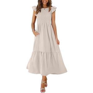 OFEEFAN Women's Casual Maxi Dresses with Pockets Ruffle Sleeve Smocked Dress XXL