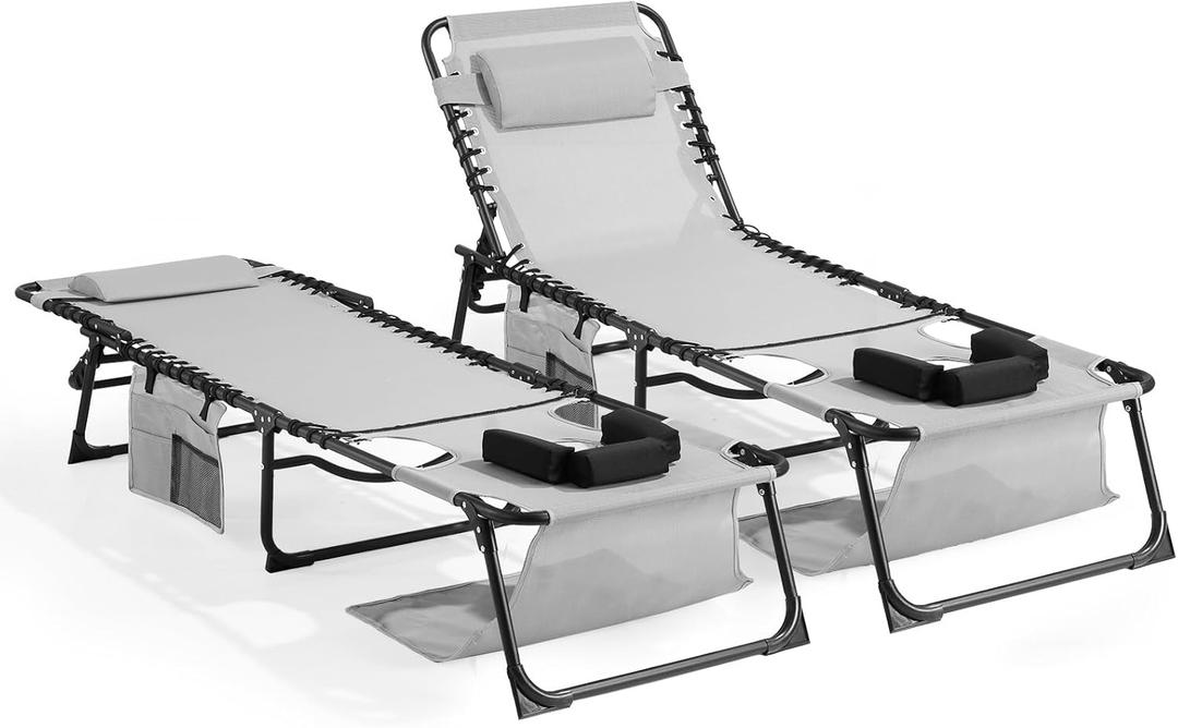 Unovivy Tanning Chairs with Face Hole Set of 2, Teslin Folding Outdoor Lounge Chair with 5-Position Reclining Back for Sunbathing, Pool, Patio, Camping (Grey)