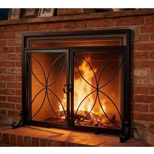 Fire Beauty Fireplace Screen with Magnetic Doors,Handcrafted Wrought Iron Classical Scroll Durable Metal Mesh Decorative Free Standing Fireplace Spark Guard- Black