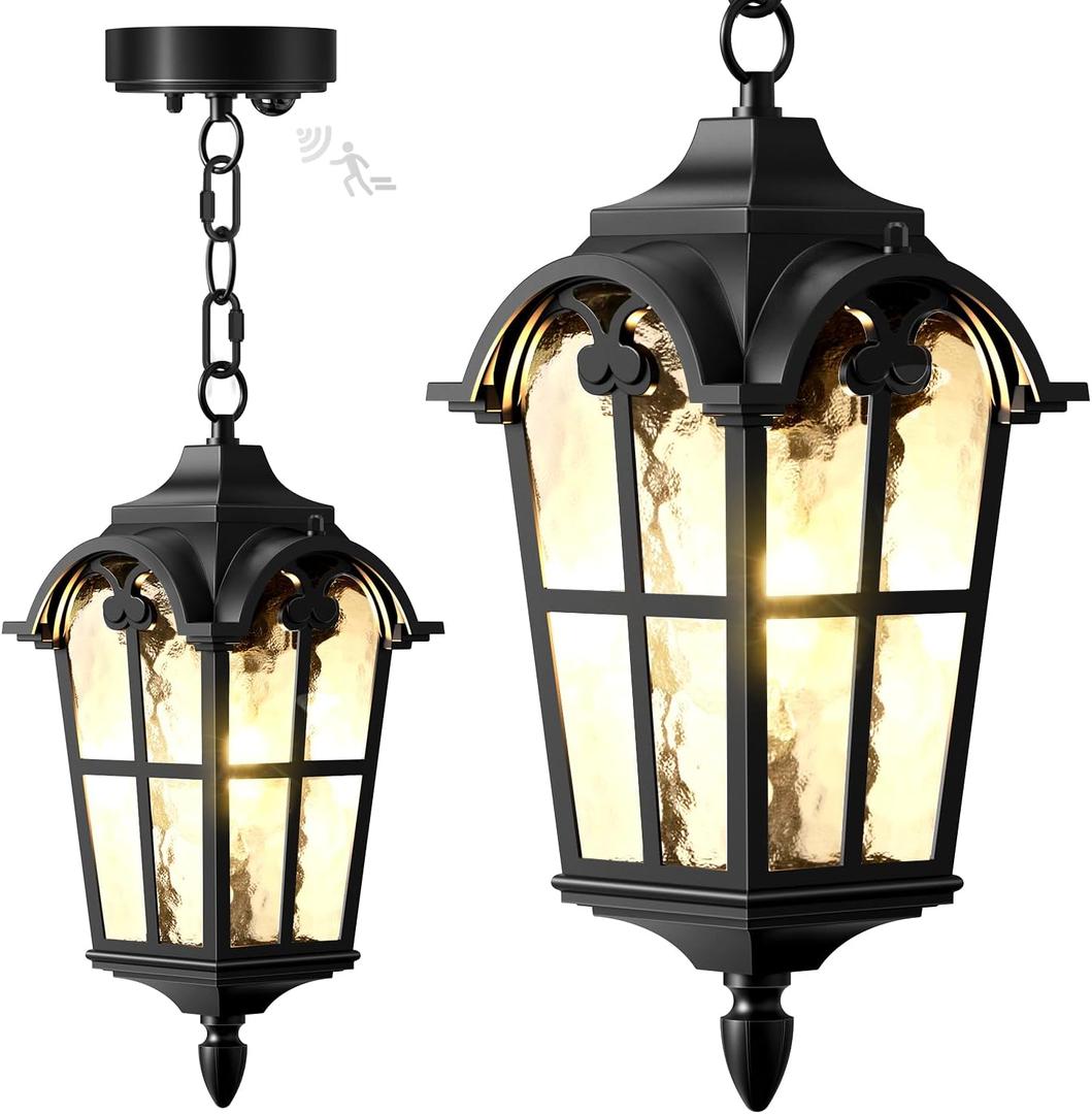 Motion Sensor Outdoor Pendant Light Modern Exterior Hanging Porch Lantern,15.5" Anti-Rust Aluminum Outside Chandelier Black Ceiling Mount for Patio Front Door Porch Entryway Foyer Gazebo