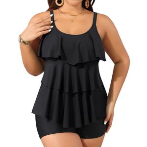 Yonique Women's Plus Size Tankini Swimsuits with Shorts Two Piece Bathing Suits Ruffle Swimsuits Tummy Control Swimwear (Black)