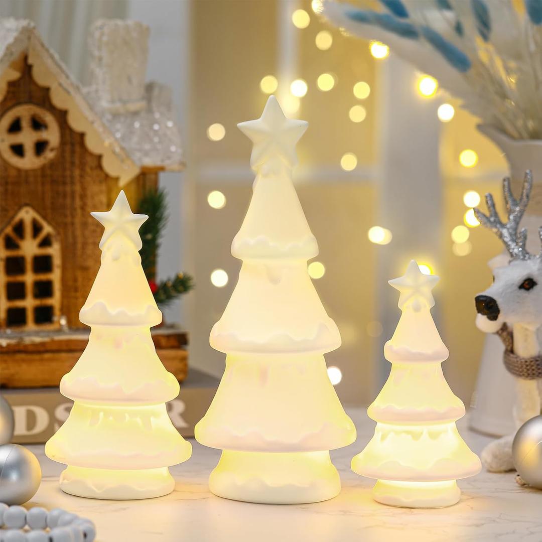 Domensi 3 Pcs Lighted Ceramic Christmas Tree White Porcelain Christmas Tree Figurines with Lights for Table Centerpiece Mantel Tabletop Fireplace Xmas Holiday Winter Home Decor