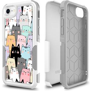 Case for iPhone SE 2022, Cute Funny Cats Pattern Shock-Absorption Hard PC and Inner Silicone Hybrid Dual Layer Defender Case Protective Cover for iPhone 7/8 /SE 2020