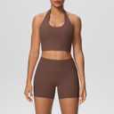 Workout Sets for Women 2 Piece Backless Halter Tops High Waist Booty Yoga Gym Outfits Shorts with Pockets (Coffee Brown, Medium) (Brown, M)