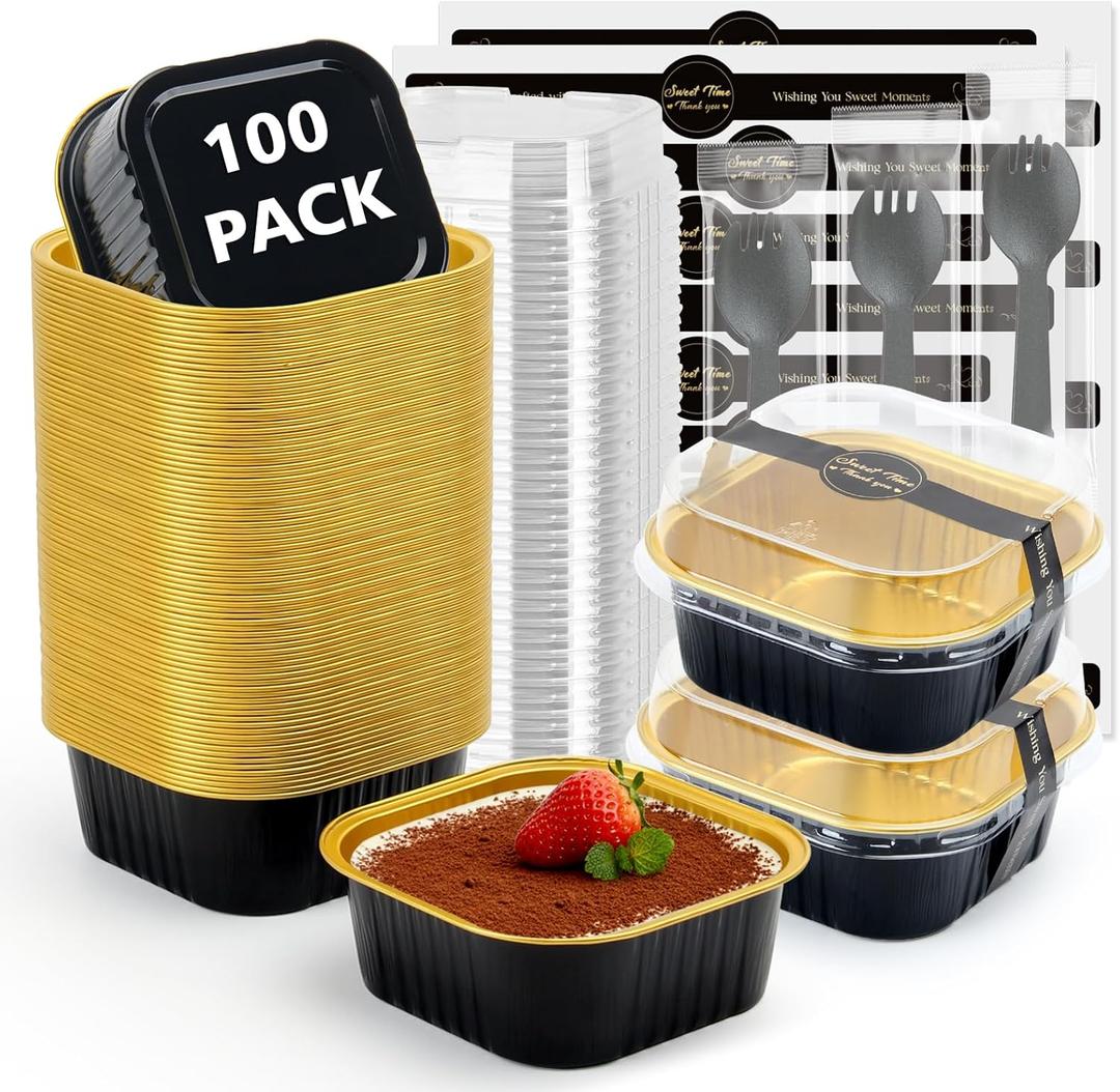 Ruckae 10oz 100 Pcs Square Mini Loaf Pans with Lids-Disposable Foil Dessert Containers,Mini Cake Pans with Lids,Aluminum Dessert Cups for Parties and Weddings (Black Gold, 10oz)