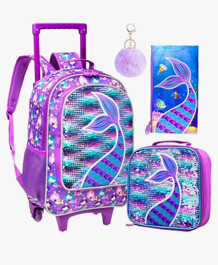 AGSDON 3PCS Rolling Backpack for Girls Boys, Kids Roller Wheels Bookbag, Wheeled School Bag with Lunch Bag