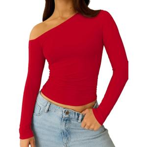 ForeFair Women Sexy Off The Shoulder Long Sleeve Top Y2k Ruched Going Out Tops Cute Slim Fit Fall T-Shirts XS