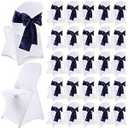 Lounsweer 50 Pcs Stretch Spandex Folding Chair Cover and Satin Chair Sashes Bows Chair Slipcovers Pink Chair Ribbon Bows Washable Chair Cover Protector for Wedding Banquet Event (White, Dark Blue)