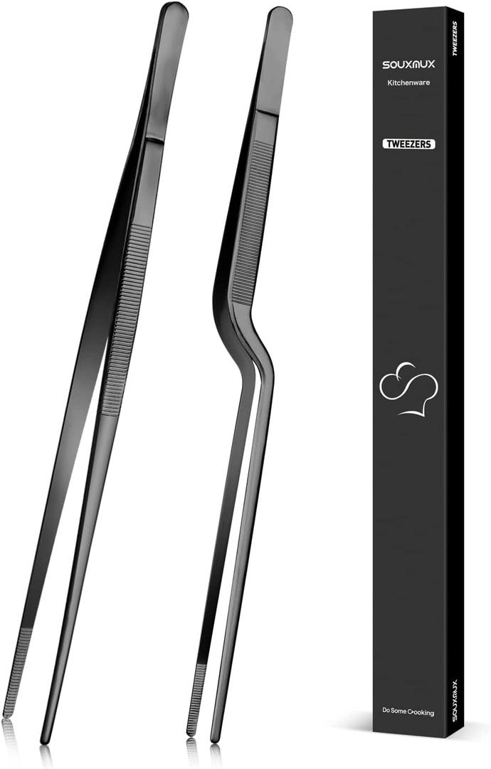 SouxMux 12-inch Cooking Tweezer and Offset Tweezer Set, Tongs with Serrated Tips, Stainless Steel, Black, 2pcs