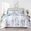 6 Piece Bed in a Bag Twin Comforter Set with Sheets, Blue Flower Branch on White Botanical Bedding Sets for Kids (1 Comforter, 2 Pillow Shams, 1 Flat Sheet, 1 Fitted Sheet, 1 Pillowcases)