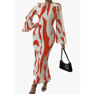 LIGHT DOT Women's Printed Bodycon Maxi Dress Long Sleeve Elegant Pleated Cocktail Dresses, Size M