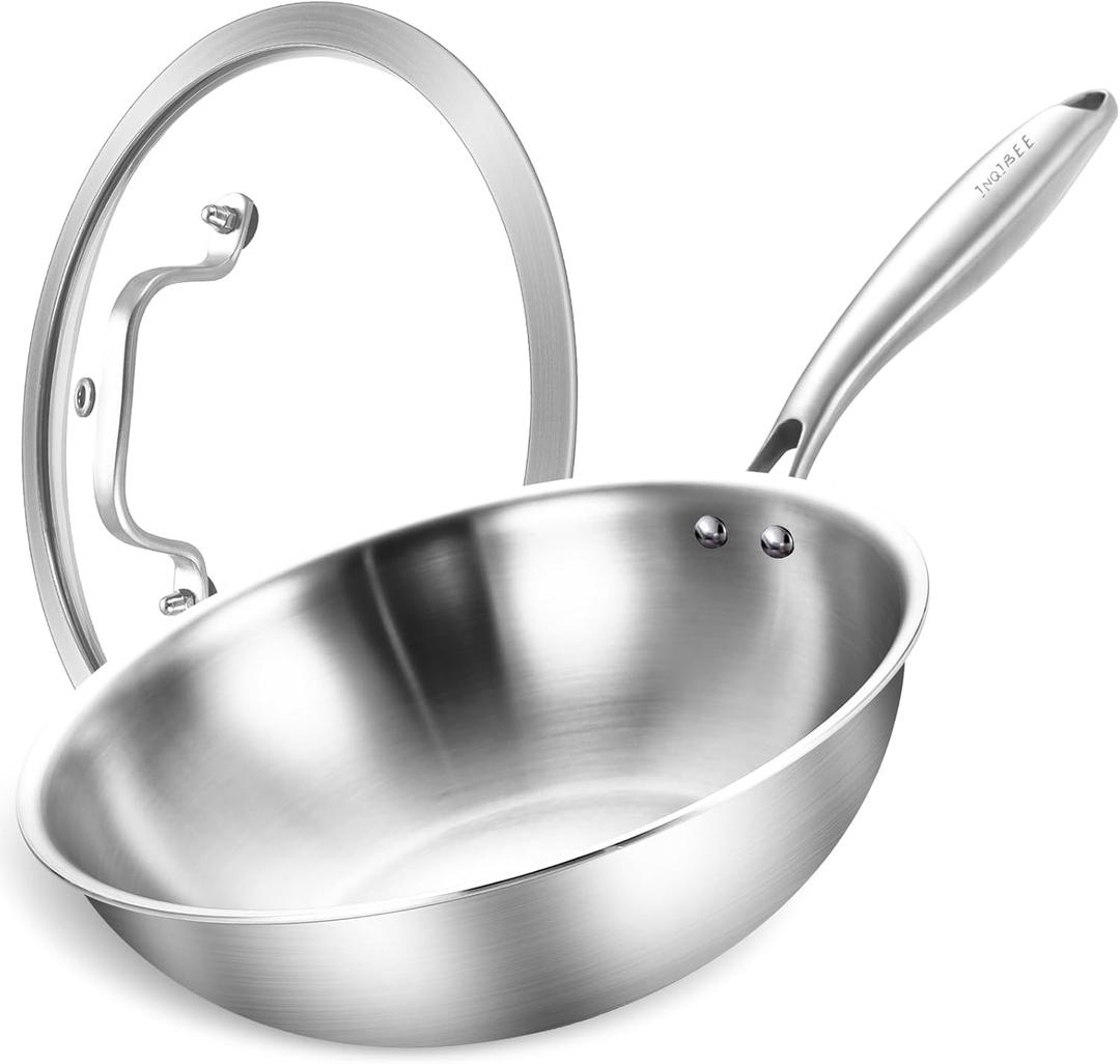 Inqibee 10 Inch Stainless Steel Wok Pan with Lid, Tri-ply Stainless Steel Frying Pan, Stir-Fry Pans & PFOA-Free Woks, Induction Compatible, PFOA Free, Dishwasher & Oven Safe