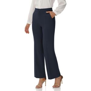 Soojun Women's Flat Front Wide Leg Pants Business Casual Trousers Office (Blue)