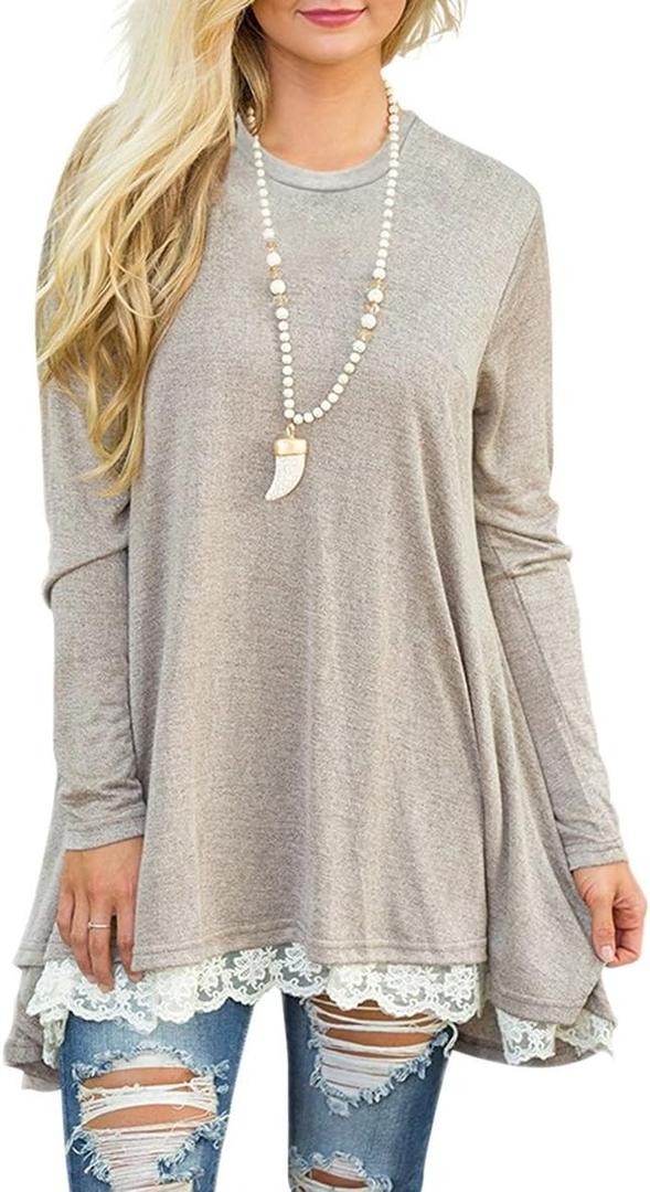 Women's Tops Long Sleeve Lace Scoop Neck A-line Tunic Blouse (Beige, M)