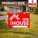 Set of 3 Double Sided 12x16 Open House Red Sign for Real Estate Agent Supplies with H Wire Stakes - Realtor Supplies for Sent Houses or Sale Yard Plastic Signs - Open House Directional Signs Kit