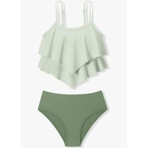 oklady Girls Swimsuit 2 Piece Bikini Set Tiered Ruffled Bathing Suit Adjustable Straps Girls' Swimwear, Green, 7-8Y
